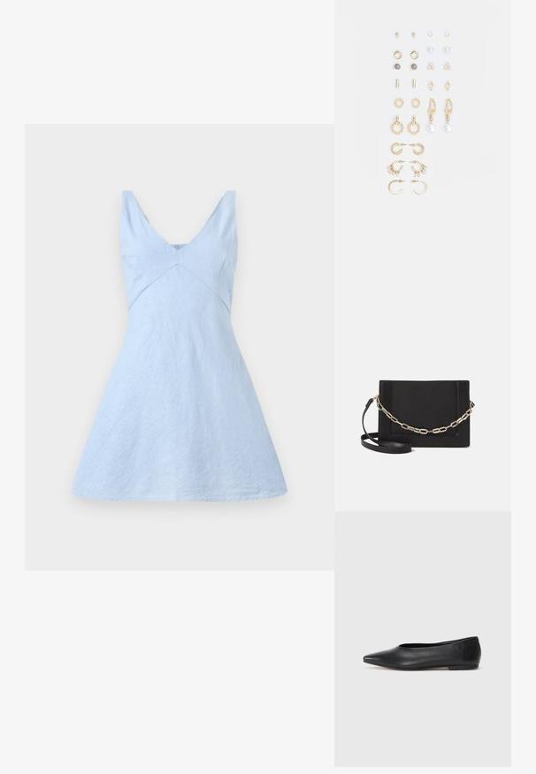Világoskék lenruha V kivágással, testhezálló felsőrésszel és bő szoknyával. Finom textúrával és letisztult vonalakkal rendelkezik. Nincs látható fémrész vagy minta.; Fekete bőr balettcipő, hegyes orral, minimalista dizájn, sima textúra, alacsony sarkú, látható fémrész vagy díszítés nélkül.; Fekete bőr keresztpántos táska, sima textúrával, téglalap alakú és fém lánc részlettel az elején. Állítható pánttal ellátva.; Arany tónusú fülbevalók szettje, amely különféle mintákat tartalmaz, beleértve a stift fülbevalókat, karikákat és gyöngyökkel és strasszokkal díszített hosszú fülbevalókat.