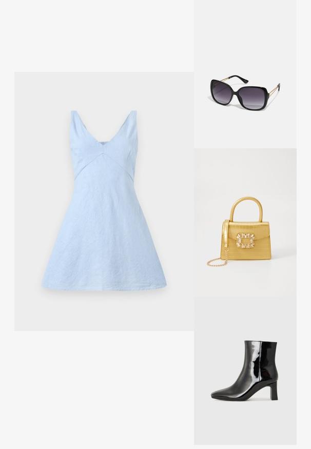 Világoskék lenruha V kivágással, testhezálló felsőrésszel és bő szoknyával. Finom textúrával és letisztult vonalakkal rendelkezik. Nincs látható fémrész vagy minta.; Fekete lakk bőrcipő bokáig érő, hegyes orral és közepes magasságú tömbsarokkal. Simább textúrával és minimalista dizájnnal rendelkezik.; Fekete, oversize napszemüveg fokozatos árnyalatú lencsékkel, vastag kerettel és arany színű lánc díszítéssel a szárakon.; Sárga műbőr krokodil mintás kézitáska strukturált kialakítással, felső fogantyúval, leválasztható lánccal és díszes kristály díszítéssel a záron.