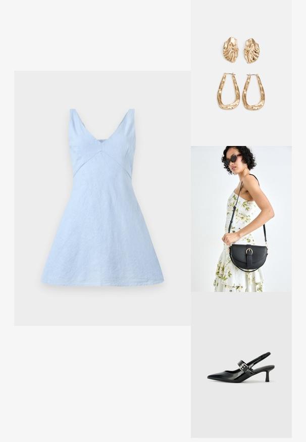 Světle modré lněné šaty s výstřihem do V, přiléhavým trupem a rozšířenou sukní. Charakterizují je jemná textilie a čisté linie. Bez viditelného kování a vzorů.; Černé lakované boty na podpatku typu slingback s špičatou špičkou a malým blokovým podpatkem, které mají na pásku stříbrný přezkový akcent.; Černá kožená kabelka s křivkovým tvarem, odnímatelným popruhem a zlatými detaily. Kabelka má klopu s přezkou.; Náušnice ve zlatém tónu s texturovanými, vlnitými tvary. Obsahují sochařské klipy a design otevřeného kruhu s kladivkovým povrchem.
