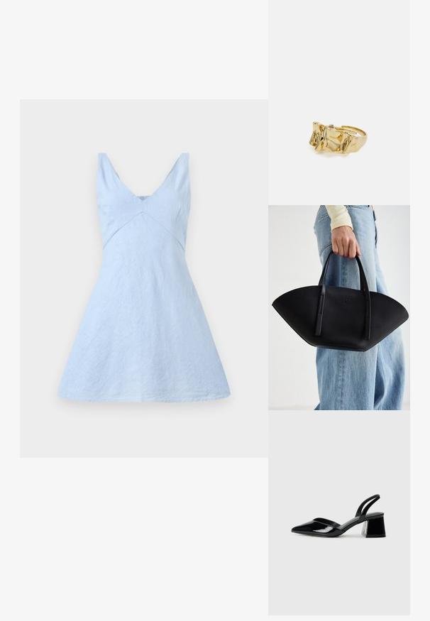 Vaaleansininen pellavasepitsimekko, jossa on V-pääntie, tiukka yläosa ja laskostettu helma. Ominaisuuksina hienovarainen tekstuuri ja siistit linjat. Ei näkyvää metalliosaa tai kuvioita.; Mustat patentoitu nahkakengät, joissa on säären takaosa ja terävä kärki, sekä geometrinen palikkakorko. Sisältää tyylikkään, minimalistisen muotoilun ja sileän pinnan.; Musta nahkainen käsilaukku, jossa on ainutlaatuinen tuulihattukuvio, jossa on litteät kahvat. Pinnassa on karkeapintainen rakenne ja minimalistinen muotoilu.; Kullanışlı bir ayarlanabilir yüzüğe sahip, üç belirgin zirveye sahip dokulu, dalgalı düzene sahip altın yüzük. Düzgün, parlak yüzey ve açık bant ile tasarlanmış.