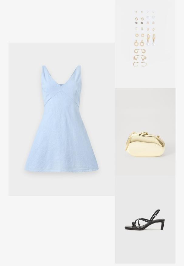Lyseblå linkjole med v-hals, tettsittende overdel og utsvingt skjørt. Har subtil tekstur og rene linjer. Ingen synlig maskinvare eller mønstre.; Sorte sandaler med stropper, firkantet tå og lav blokk hæl. Har flere tynne stropper og en justerbar ankelstropp. Laget av glatt lær.; Metallisk gull clutch med en glatt, rund form, med en toppknapp-lås og et lite kjede for bæring.; Sett med gullfargede øredobber med ulike design, inkludert stikkere, hoops og hengende deler med perler og rhinestones.