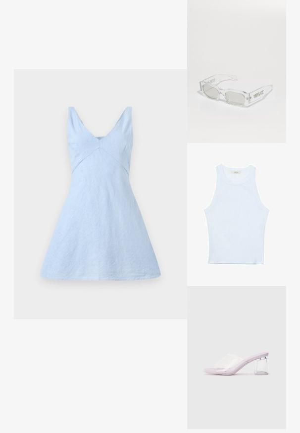 Svetlomodré ľanové šaty s výstrihom do V, prispôsobeným korpusom a rozšírenou sukňou. Vyznačujú sa jemnou textúrou a čistými líniami. Žiadne viditeľné kovové prvky ani vzory.; Biele tielko, rebrový textúra, okrúhly výstrih, bezrukávový dizajn, priliehavý strih, diskrétne logo na štítku vo vnútri oblasti goliera.; Fialové podpätky s otvorenou špičkou, jasnou plastovou vrchnou časťou a priehľadným blokovým podpätkom. Hladká textúra, minimalistický tvar.; Priesvitné plastové slnečné okuliare so šedými sklami, obdĺžnikový tvar, embosované logo "Versace" na ramenách, ktoré vystihuje moderný dizajn.