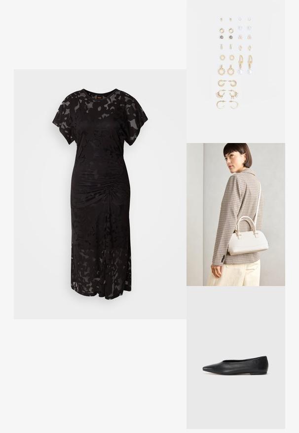 Melna kleita, kas izgatavota no puscauriem auduma ar ziedu rakstu. Piedāvā īsas plandošas piedurknes, apaļu izgriezumu un savilkumu jostasvietā.; Melna ādas baleta kurpe, ar norādītu purngalu, minimālisma dizains, gluda tekstūra, zema papēža augstums, bez redzamiem aksesuāriem vai rotājumiem.; Balta strukturēta roku soma ar īsām rokturiem un plecu siksnu, ar zelta aparatūras akcentiem un strukturētu materiālu, izstādīta uz pelēka fona.; Zeltainā tonī auskari, kas iekļauj dažādus dizainus, tostarp pīrsingu, gredzenus un karājošus elementus ar pērlēm un rhinestones.