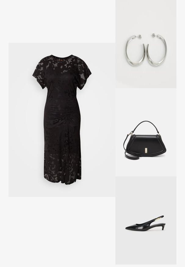 Musta mekko, joka on valmistettu puoliparsi kankaasta ja jossa on kukkakuosi. Sisältää lyhyet lehtipaidat, pyöreän kaula-aukon ja kokoontumiset vyötäröllä.; Mustat nahkaiset slingback-korkokengät, joissa on terävä kärki, ohuet korot ja kultasävytteinen yksityiskohta säädettävässä hihnassa. Silkkinen pinta.; Mustalla nahkalaukulla, jossa on jämäkkä muotoilu, lyhyt malli, yläkahva ja kultaiset yksityiskohdat. Säädettävä olkahihna sisältyy.; Hope hopeista, joissa on sileä, kaareva muotoilu. Varustettu kiiltävällä metallipinnoitteella ja nappikiinnityksellä. Ei näkyviä kuvioita tai koristeluja.