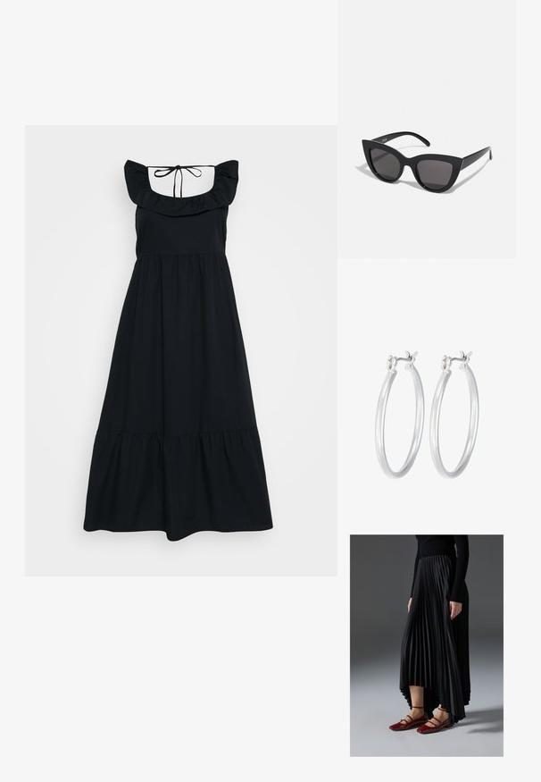 Črna obleka iz mehkega blaga, ki ima naborke na naramnicah, prilegajoč bodi in obliko krila v več plasteh. Prilagodljiv trak na zadnjem vratu.; Črna nabrana krila z višjim sprednjim in nižjim zadnjim delom, kombinirana z sijočimi rdečimi balerinkami s trakastim dizajnom. Tkanina ima gladko teksturo.; Črne mačke-oko sončna očala z mat zaključkom, ki imajo sive tonirane leče, ostre kote in eleganten stranski del. Ime blagovne znamke je vidno na notranjem ročaju.; Srebrni obroči za ušesa z gladko, polirano površino. Okrogla oblika in varna zaponka s klikom. Lahka zasnova, primerna za vsakodnevno nošenje.