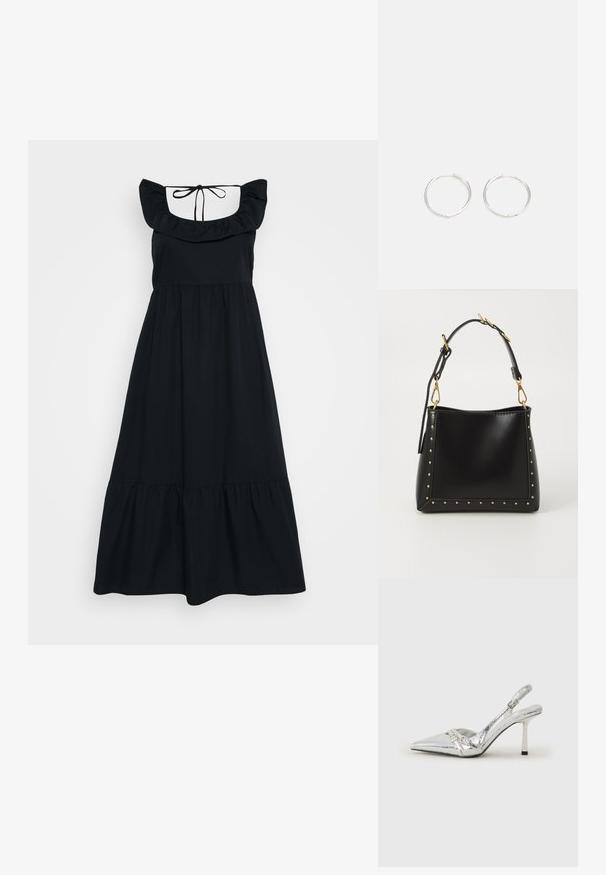 Juodas suknelė, pagaminta iš minkštos medžiagos, su volanų diržais, prigludusia liemene ir daugiapakopiu sijonu. Reguliuojamas kaklo raištis gale.; Sidabriniai slingback aukštakulniai batai su smailia pavadinimu, metaliniu paviršiumi, dviem dekoratyvinėmis juostelėmis ir lieknu kulnu su juodu galiuku.; Juodas odinis rankinės su griežtu pavidalu, su auksiniais kalnų taškeliais aplink kraštus ir nuimamu diržu su auksinėmis detalėmis.; Sidabrinės auskarai žiedai su sėslia, apvalia forma, pasižymintys lygia paviršiumi ir be matomų puošmenų. Svoris nenurodytas.