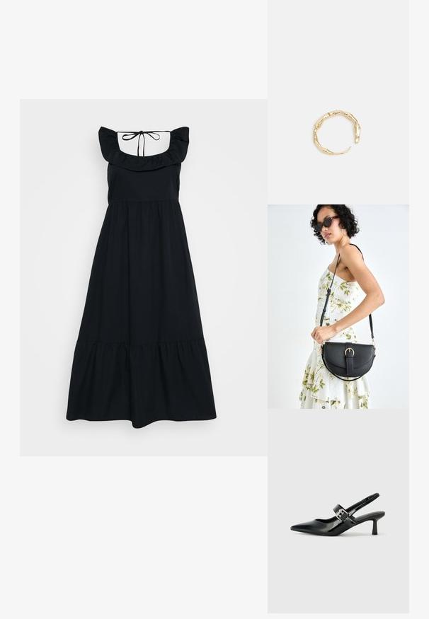 Čierne šaty vyrobené z mäkkej tkaniny, s volánovými ramienkami, priliehajúcim živôtikom a sukňou s vrstveným dizajnom. Nastaviteľná šnúrka na zadnej strane krku.; Čierne patentové kožené sandále na podpätku so špicatou špičkou a malým blokovým podpätkom, s dekoratívnou striebornou sponou na remienku.; Čierna kožená kabelka s zaobleným tvarom, odnímateľným popruhom a zlatými doplnkami. Kabelka má klopu s detailom s prackou.; Prsteň v zlatej farbe s organickým, skrúteným dizajnom, hladkým povrchom a zužujúcimi sa koncami, vytvárajúci moderný, sochársky vzhľad.