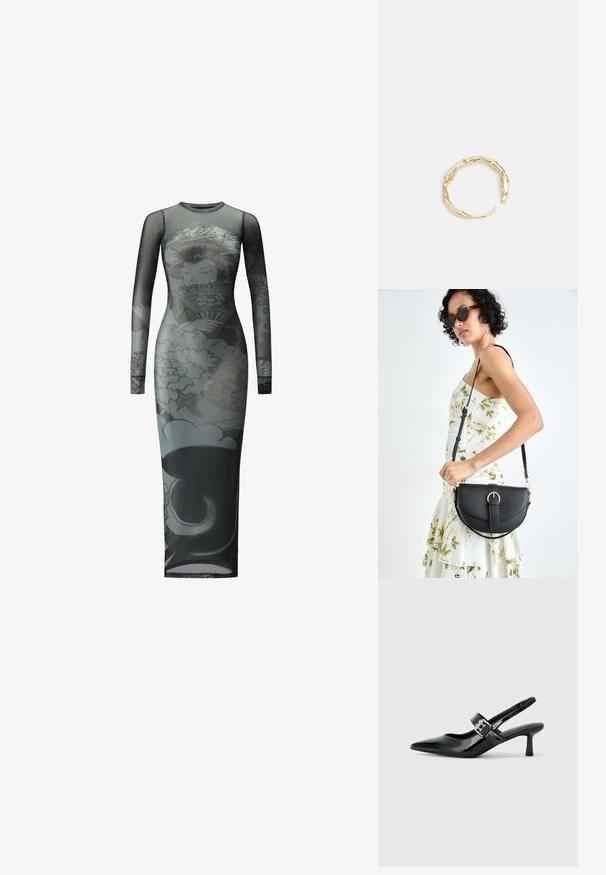 Abito a maniche lunghe in tessuto trasparente nero, caratterizzato da un design grafico floreale e di figure, lungo fino alla caviglia con silhouette aderente e scollo rotondo.; Décolleté neri in vernice con punta affilata e tacco a blocco piccolo, dotati di un accentuato con fibbia argentata sulla cinturino.; Borsa a tracolla nera in pelle con una forma curva, manico rimovibile e accessori dorati. La borsa presenta una patta con un dettaglio a fibbia.; Anello in tono oro con un design organico e Twisted, caratterizzato da una superficie liscia e punte affusolate, che crea un aspetto moderno e scultoreo.