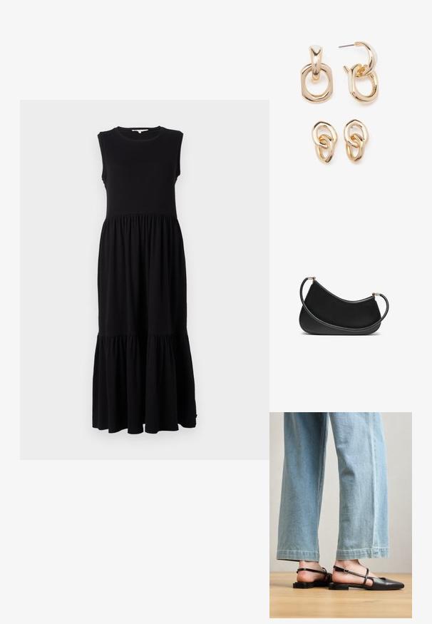 Musta ilmanhiha maxi-mekko, joka on valmistettu pehmeästä kankaasta. Mekossa on istuva yläosa, kerätty vyötärö ja kerroksellinen röyhelöhelma alaosassa.; Mustat nahkaiset slingback-kengät, joissa on terävä kärki, litteä korko ja nilkkahihna; yhdistetty vaaleansinisiin leveälahkeisiin farkkuihin.; Mustassa nahkaolkalaukussa on kaareva muotoilu, jossa on teksturoitu olkahihna ja kultasävyinen metalliosuus yläosassa. Pintamateriaali on sileä.; Korukkeet kultasävyisiä, joissa on sekoitus geometrisia muotoja: neliö, ympyrä ja linkitetyt soikio-designit kiiltävällä pinnalla.