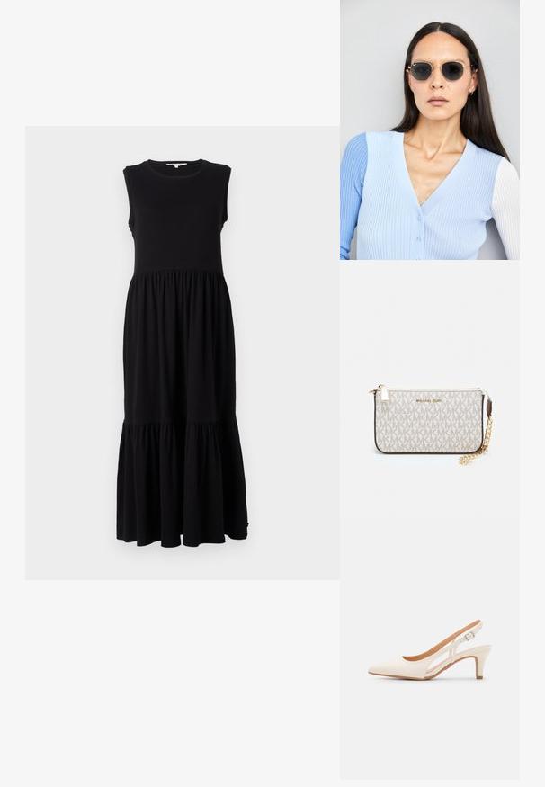 Čierne bezrukávové maxi šaty vyrobené z mäkkej látky, s priliehavým korzetom, na zberanom páse a so stupňovaným volánovým lemom na spodnej strane.; Biele slingback topánky na podpätku s ostrou špičkou, hladkým vrchným materiálom, nízkym blokovým podpätkom a bočným výrezom s nastaviteľným remienkom na pracku.; Okrúhle slnečné okuliare s tmavými šošovkami a zlatým rámom. Modelka má na sebe svetlomodrý pletený kardigán s gombíkmi a bielymi rukávmi v kontraste.; Michael Kors zápästná taška v béžovej potiahnutej plátenej tkanine s opakujúcim sa vzorom loga MK, zlatým kovania a odnímateľným reťazovým popruhom.