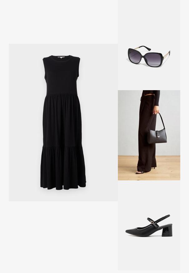 Musta ilmanhiha maxi-mekko, joka on valmistettu pehmeästä kankaasta. Mekossa on istuva yläosa, kerätty vyötärö ja kerroksellinen röyhelöhelma alaosassa.; Musta lakattu nahka slingback-korkokengät, joissa on terävä kärki, pyöreä aukko-muotoilu ja lohkokorko. Varustettu kultasävyisellä solkiyksityiskohdalla.; Mustat ylisuurten kehysten aurinkolasit, joissa on liukuväri-linssit, paksut kehykset ja kultasävyiset ketjustuskoristeet temppeleissä.; Musta käsilaukku, jossa on rakenteellinen muoto, sileä pinta ja metallinen solki. Yhdistetty leveisiin mustiin housuihin ja avonaiheisiin sandaaleihin puulattialla.