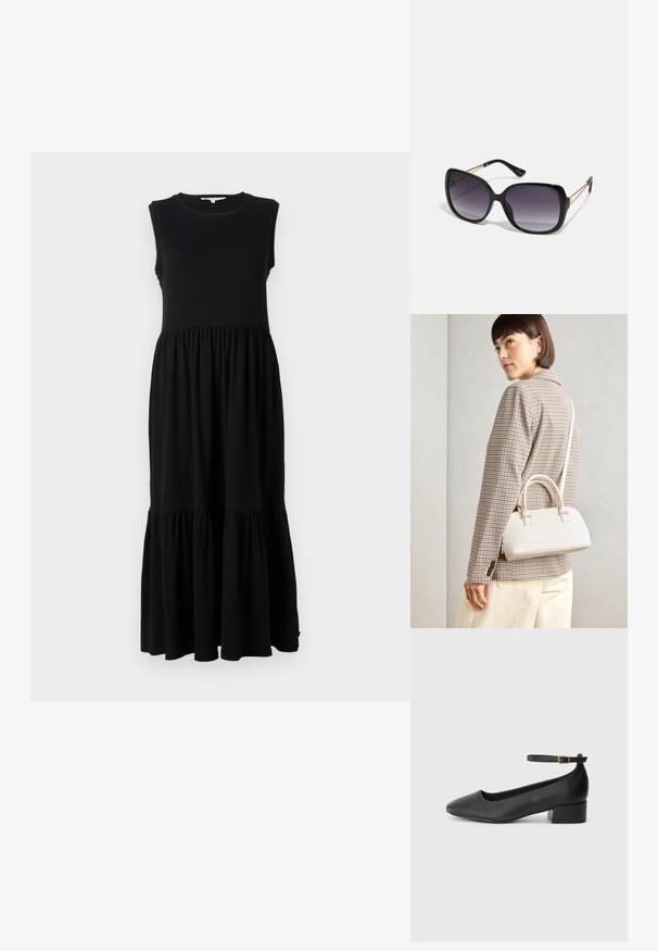Fekete ujjatlan maxi ruhát puha anyagból készítették, illeszkedő melltartó részével, redőzött derékkal és réteges fodros aljjal az alján.; Fekete bőr magassarkú cipő hegyes orral és alacsony tömb sarkal. Bokapánttal rendelkezik, aranyszínű csattal. Simább textúra.; Fekete, oversize napszemüveg fokozatos árnyalatú lencsékkel, vastag kerettel és arany színű lánc díszítéssel a szárakon.; Fehér, strukturált kézitáska rövid füllel és vállpánttal, arany színű fém kiegészítőkkel és texturált anyagból, szürke háttér előtt bemutatva.