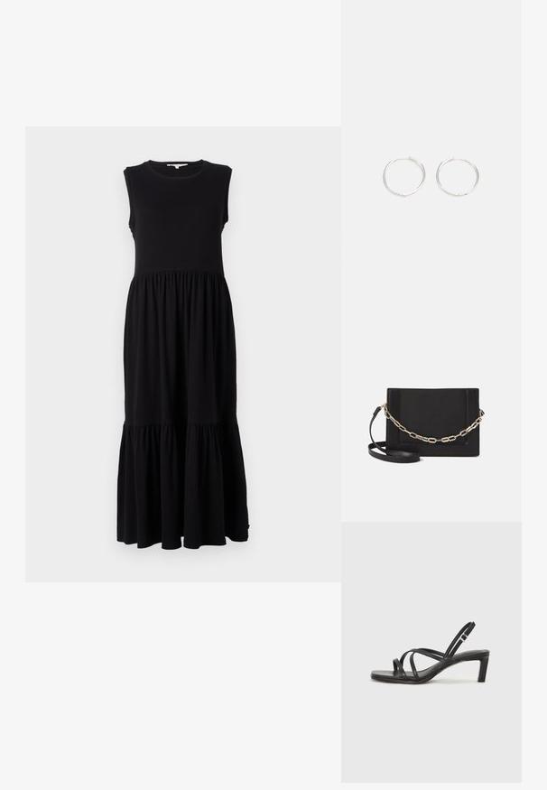 Juodas beprotiškas maksi suknelė, pagaminta iš minkštos medžiagos, su prigludusia maišeliu, susirinkta juosmens dalyje ir daugiasluoksne ruffle apatine dalimi.; Juodi šlepetės su kvadratiniu pirštu ir žemu bloku kulnu. Yra keli ploni dirželiai ir reguliuojamas kulkšnies diržas. Pagaminti iš lygios odos.; Juodas odinis per petį nešiojamas krepšys turi lygų paviršių, stačiakampio formą ir metalinę grandinėlę priekyje. Pridedama reguliuojama dirželis.; Sidabrinės auskarai žiedai su sėslia, apvalia forma, pasižymintys lygia paviršiumi ir be matomų puošmenų. Svoris nenurodytas.