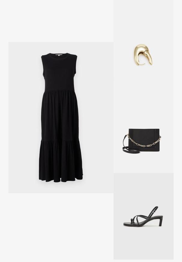 Musthave musträäkidega maksikleit, mis on valmistatud pehmest kangast. Kleiit on disainitud sobituvaga bodiciga, kogutud vöökohaga ja mitmeastmelise rüüppehelega allosas.; Mustast rihmajalatsid ruudukujulise varba ja madala ploki kontsaga. Omab mitmeid õhukesi rihmasid ja reguleeritavat pahkluu rihma. Valmistatud siledast nahast.; Mustast nahast õlakott, mis omab siledat tekstuuri, ristküliku kuju ning esiküljel metallketi detaili. Reguleeritav rihm on kaasas.; Kuldtooni metallist kõrvarõngas, millel on elegantne ja kaarjas disain. Omab silmapaistvat teravat kuju, poleeritud pinda ja hingesulgemist.