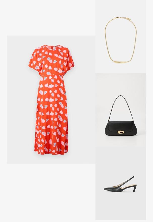 Raudona suknelė trumpomis rankovėmis, papuošta gėlių raštu rožinės ir mėtų spalvų. Dizainas apima apvalią iškirptę ir laisvai krentantį siluetą.; Juodas smailus slingback batelis su žemu kulnu, pagamintas iš lygaus odos paviršiaus ir su išpjovomis šone, užtikrinančiomis oro pralaidumą.; Juodas odinis rankinės su išlenktu dizainu, auksinių atspalvių furnitūra ir viršutine rankena. Savybės - stilingas uždarymas ir glotni tekstūra.; Auksu padengta apyrankė su lygiu, įgaubtu centriniu akcentu. Pasižymi lankstoma grandinėle su vėžlio užsegimu ir papildomais reguliuojamais grandinėlių ryšiais.