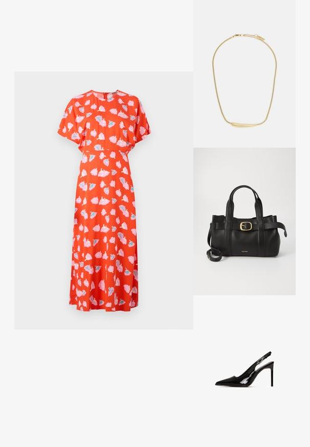 Punainen mekko lyhyillä hihoilla, jossa on vaaleanpunaisia ja teal-värisiä kukkakuoseja. Muotoilu sisältää pyöreän kaula-aukon ja rento istuvuus.; Mustat kynttiläjalkaiset korkokengät kiiltävästä nahasta, joissa on terävä kärki ja stiletto-korko. Sisältää leikattu muotoilun ja säädettävän remmin, jossa on metalliset yksityiskohdat.; Musta nahkakäsilaukku, jossa on struktuurinen muotoilu, kaksoiskahvat, kultasävyinen solkiaksentti ja kohokuvioitu brändilogo edessä.; Kultaketju, jossa on sileä, kaareva keskuskoriste. Mukana joustava ketju, jossa on lutikka-ansa ja lisä-adjustoitavat ketjulenkit.