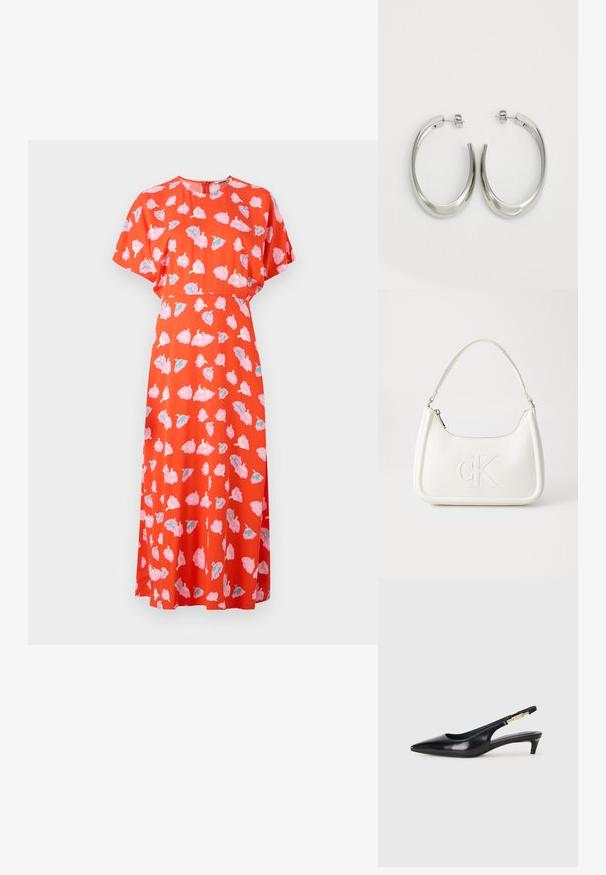 Červené šaty s krátkymi rukávmi, zdobené kvetinovým vzorom v ružovej a tyrkysovej farbe. Dizajn obsahuje okrúhly výstrih a voľný strih.; Čierne kožené slingback opätky s špicatou špičkou, s úzkym opätkom a zlatým detailom na nastaviteľnom remienku. Hladká textúra.; Biela kožená kabelka s zakriveným tvarom, na prednej strane s embosovaným logom "CK" a jedným ramenným popruhom. Zipsové zapínanie navrchu.; Strieborné kruhové náušnice s hladkým, zakriveným dizajnom. Majú lesklý kovový povrch a zapínanie na kolík. Žiadne viditeľné vzory ani akcenty.