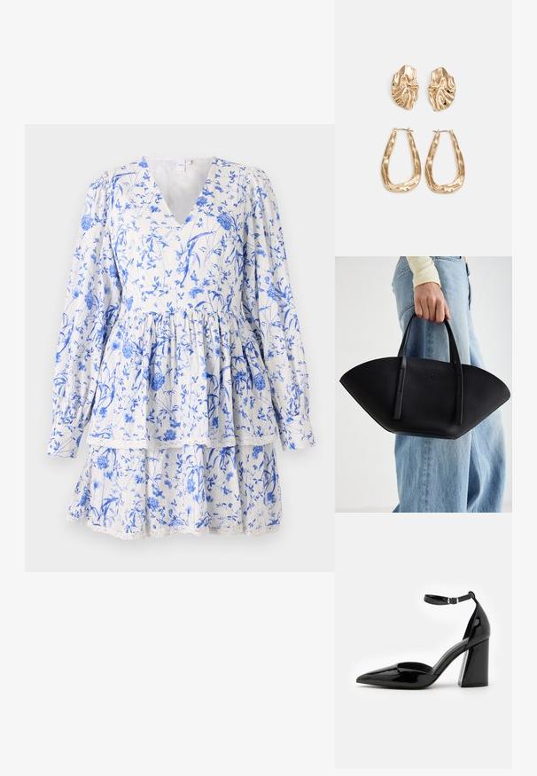 Ziedsdrēbes, baltas ar ziliem rakstiem, V veida kakla izgriezums, garas puff piedurknes, kārtainas ar mežģīņu apdari apakšā, viegla auduma.; Melna lakota ādas augstpapēžu kurpe ar norādītu pirkstu, potītes siksniņu un platu bloku papēdi stabilitātei, ar gludu spīdīgu tekstūru.; Melnas ādas rokassoma ar unikālu ventilatora formu, aprīkota ar plakaniem rokturiem. Virsma ir ar graudainu faktūru un minimālistisku dizainu.; Zelta krāsas auskari ar teksturētām, viļņotām formām. Iekļauts skulpturāls piespraužams modelis un atvērta gredzenveida konstrukcija ar izsistām virsmām.