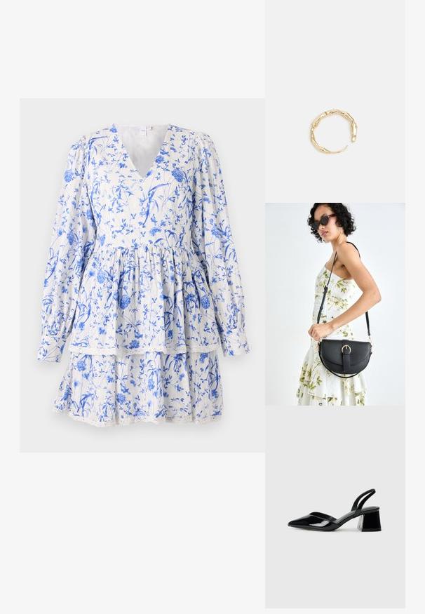 Kvetinové šaty, biele s modrými vzormi, V-výstrih, dlhé puff rukávy, poschodové vrstvy s čipkovým lemom na spodnej strane, ľahká tkanina.; Čierne lakované kožené sandálové podpätky s špicatou špičkou a geometrickým blokovým podpätkom. Disponujú elegantným, minimalistickým dizajnom a hladkým povrchom.; Čierna kožená kabelka s zaobleným tvarom, odnímateľným popruhom a zlatými doplnkami. Kabelka má klopu s detailom s prackou.; Prsteň v zlatej farbe s organickým, skrúteným dizajnom, hladkým povrchom a zužujúcimi sa koncami, vytvárajúci moderný, sochársky vzhľad.