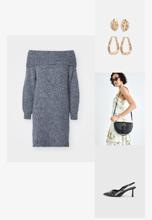 Pulover obleka z rameni v mehkemu, teksturiranem sivo-brisnem volnu. Ima napihnjene rokave in sproščen kroj.; Črne patentne usnjene sandale s koničastim nosom, zankami okoli gležnja s srebrnimi sponkami in opremo ter vitkimi petami.; Črna usnjena torbica s ukrivljeno obliko, z odstranljivo naramnico in zlatimi dodatki. Torbica ima pokrov s podrobnostmi v obliki zaponke.; Zlato obarvani uhani z teksturiranimi, valovitimi oblikami. Vključujejo skulpturalne sponke za ušesa in odprto obliko obročka s kladivastim finišem.