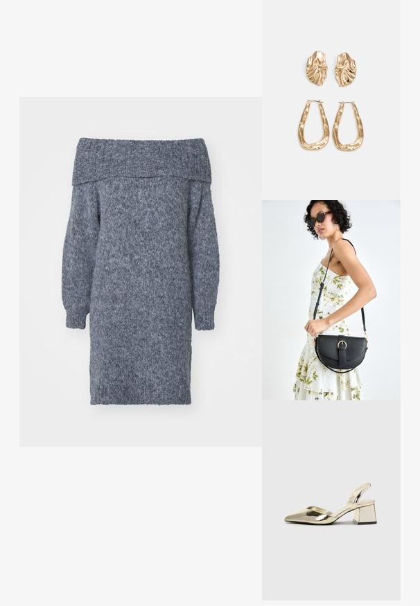 Vestido de malha off-the-shoulder em fio cinza suave e texturizado. Apresenta mangas bufantes e uma silhueta de ajuste descontraído.; Sapatos de salto alto metálicos dourados, com biqueira em ponta e salto grosso. Textura suave, design minimalista e uma tira estreita.; Bolsa de couro preta com forma curva, alça destacável e detalhes em dourado. A bolsa possui uma aba com detalhe de fivela.; Brincos em tom de ouro com formas onduladas e texturizadas. Inclui studs escultóricos com presilha e um design de argola aberta com um acabamento martelado.