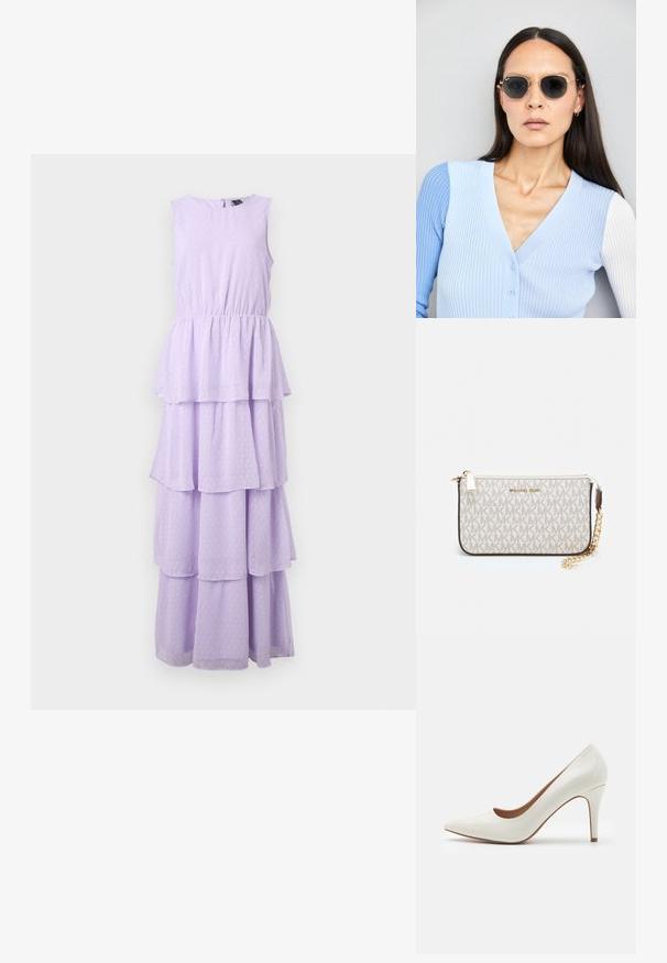 Lavender sleeveless dress with a tiered design, featuring a polka dot pattern, elastic waist, and a keyhole back closure.; White patent leather high-heeled shoe with a pointed toe and a smooth surface, featuring a slender heel and a low cut around the opening.; Round sunglasses with dark lenses and gold frames. The model wears a light blue, ribbed cardigan with buttons and contrast white sleeves.; Michael Kors wristlet in beige coated canvas featuring a repeating MK logo pattern, gold hardware, and a detachable chain strap.