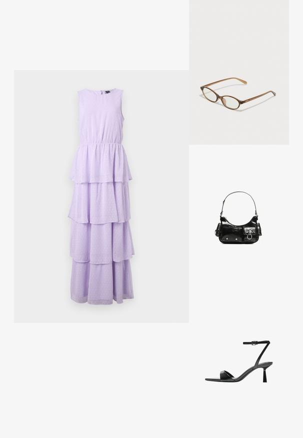 Levendula színű, ujjatlan ruha, réteges kialakítással, pöttyös mintával, elasztikus derékkal és kulcslyuk hátkivágással.; Bershka Magas sarkú szandálok - black; Barna teknős páncélmintás szemüveg, ovális lencsékkel, vékony szárakkal és átlátszó részletekkel. A templomon diszkrét logó található. Elegáns, könnyű dizájn.; Fekete lakkbőr kézitáska ívelt formával, egy vállpánttal, elülső zsebekkel és ezüstszínű fémrészletekkel.
