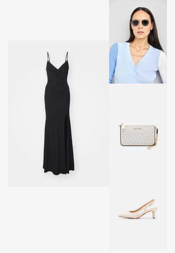 Fekete estélyi ruha vékony, állítható pántokkal, V-nyakkal, gyűrődésekkel a mellrészen, és combmagas hasítékkal az egyik oldalon. Rugalmas anyagból készült.; Fehér slingback sarok, hegyes orral, sima felső anyaggal, alacsony blokk sarkával és oldalsó kivágott dizájnnal, állítható csatpánttal.; Kerek napszemüveg sötét lencsékkel és arany kerettel. A modellen világoskék, bordázott kardigán van gombokkal és kontrasztos fehér ujjaival.; Michael Kors bézs bevonatos vászon karkötő, amely ismétlődő MK logó mintával, aranyszínű fémrészletekkel és levehető lánchordóval rendelkezik.