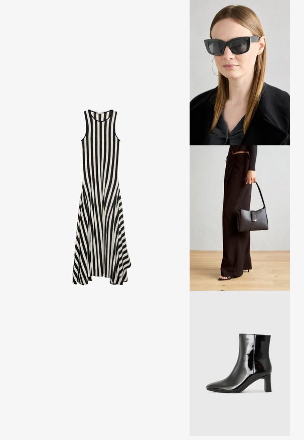 Sukienka bez rękawów w czarno-białe paski z okrągłym dekoltem, rozszerzanym dołem i lekkim materiałem, z poziomymi paskami na całej długości.; Czarne lakierowane botki za kostkę z wysmukłym noskiem i średniej wysokości obcasem w kształcie słupka. Gładka tekstura i minimalistyczny design.; Czarne okulary w kocim kształcie z ciemnymi soczewkami, grubymi oprawkami i subtelnymi akcentami. Noszone z czarnym płaszczem i szarym topem, z długimi prostymi włosami.; Czarna torebka o usztywnionym kształcie, gładkiej fakturze i metalowym zapięciem. Połączona z szerokimi czarnymi spodniami i sandałami na otwartym palcu na drewnianej podłodze.