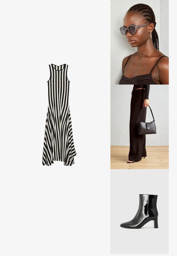 Sukienka bez rękawów w czarno-białe paski z okrągłym dekoltem, rozszerzanym dołem i lekkim materiałem, z poziomymi paskami na całej długości.; Czarne lakierowane botki za kostkę z wysmukłym noskiem i średniej wysokości obcasem w kształcie słupka. Gładka tekstura i minimalistyczny design.; Szare, przerośnięte okulary przeciwsłoneczne o zaokrąglonym kształcie i ciemnych soczewkach. Smukła plastikowa oprawka o gładkim wykończeniu. Model ma warkocze.; Czarna torebka o usztywnionym kształcie, gładkiej fakturze i metalowym zapięciem. Połączona z szerokimi czarnymi spodniami i sandałami na otwartym palcu na drewnianej podłodze.