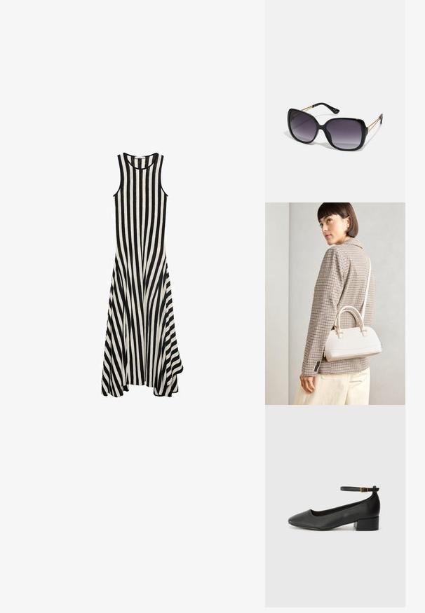 Rochie fără mâneci, cu dungi alb-negru, guler rotund, tiv flared și material ușor, având dungi verticale pe întreaga suprafață.; Pantof cu toc negru din piele, cu vârf ascuțit și toc mic pătrat. Dispune de o curea la gleznă cu o cataramă în tonuri de aur. Textură netedă.; Ochelari de soare negri, supradimensionați, cu lentile degradate, rame groase și detalii cu lanț de ton auriu pe brațele templului.; Geantă structurată albă, cu mânere scurte și curea de umăr, având accente din metal aurit și material texturat, expusă pe un fundal gri.