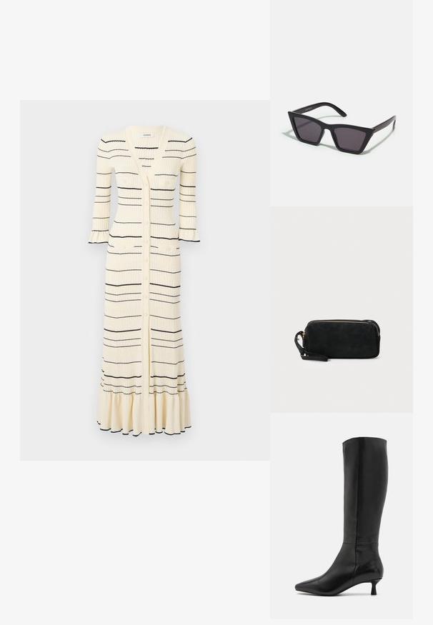 sandro ROBE FRILL POIGNET RAYURES - Vapaa-ajan mekko - ecru; Zign Saappaat - black; Mustat, kulmikkaat aurinkolasit harmailla linsseillä; valmistettu muovista, paksuilla varsilla, joissa on sileä pinta ja ilman näkyvää metalliosaa.; Musta nubukista valmistettu ristikkokassi, jossa on vetoketjusulku ja irrotettava rannekapseli. Varustettu kultasävyisillä osilla ja sileällä, matalla pinnalla.