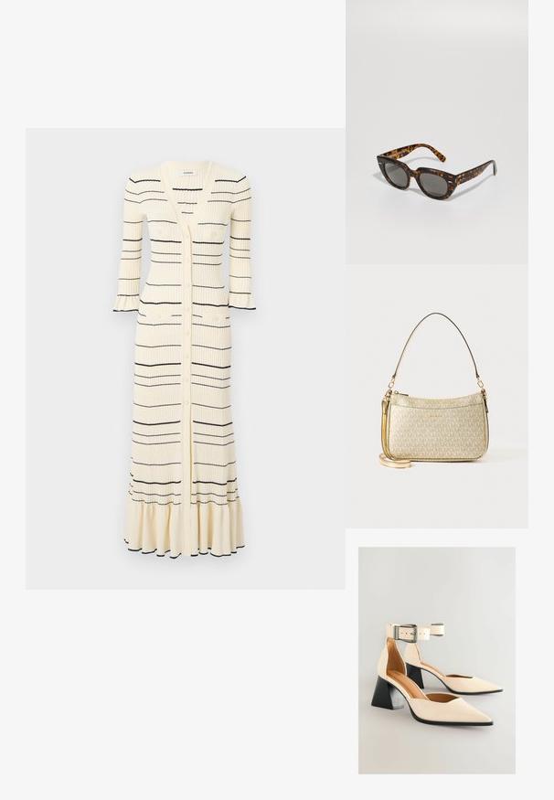 sandro ROBE FRILL POIGNET RAYURES - Freizeitkleid - ecru; Cremefarbene, patentierte High Heel-Schuhe mit spitz zulaufender Zehenpartie und verstellbarem Knöchelriemen. Sie verfügen über einen stabilen schwarzen Absatz und eine glatte Textur.; Schildpatt-Sonnenbrille mit kantigen Rahmen und grauen Gläsern. Verfügt über eine glänzende Oberfläche und dezente Markenkennzeichnung an den Bügeln.; Goldfarbene Handtasche mit einem glatten Ledertrageriemen, ausgestattet mit einem Reißverschluss und einem dezenten Logo-Muster, das auf der Oberfläche aufgedruckt ist.