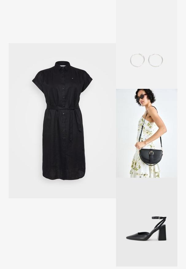 Musta mekko, jossa on lyhyet hihat, napitus edessä ja itsesidottava vyö vyötäröllä. Valmistettu kevyestä kankaasta, jossa on teksturoitu pinta.; Mustat nahkakengät, joissa on kapea kärki, nilkkaremmi ja paksu korko. Tasainen pinta, tyylikäs muotoilu ja minimalistinen estetiikka.; Musta nahkainen käsilaukku, joka on kaareva muotoilultaan, irrotettavalla hihnalla ja kultaisilla yksityiskohdilla. Laukussa on läppä, jossa on solk yksityiskohta.; Hopea rengas korvakorut, joissa on tyylikäs, pyöreä muotoilu, tasainen pinta ja ilman näkyviä koristeita. Halkaisija ei ole määritelty.