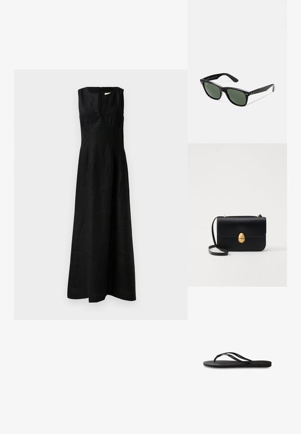 Vestido preto sem mangas com um corpete justo e uma saia esvoaçante, apresentando um detalhe de fecho atrás e uma textura de linho suave.; Chinelo preto com sola de borracha texturizada, duas tiras finas e um detalhe de logotipo discreto em relevo na tira.; Óculos de sol de plástico preto com lentes verdes, armações quadradas, detalhe prateado na sobrancelha e hastes texturizadas. Marca indicada na parte interna da haste.; Bolsa de mão em couro preto com uma forma rectangular estruturada. Apresenta um fecho oval dourado e uma alça para o ombro fina. Textura suave.