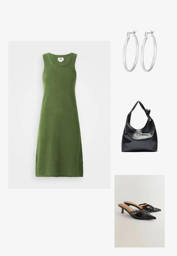 Neulettömät mekko oliivinvihreänä, jossa on röyhelötekstuuri, pyöreä pääntie ja sivuaukot liikkumisen helpottamiseksi.; Musta nahkainen slingback-kengät, joissa on terävä kärki, koristeelliset hihnat ja reikäkoristeet, kohtuullisella stiletto-kannan korkeudella. Sileä tekstuuri.; Musta kudottu nahkabag, jossa on rento muotoilu, ja jossa on solmittu hihna sekä pieni koristeellinen kultatappi ylhäällä.; Hope-silver rengas, joissa on sileä ja kiillotettu pinta. Pyöreä muoto ja turvallinen napsautettava lukitus. Kevyt muotoilu sopii päivittäiseen käyttöön.