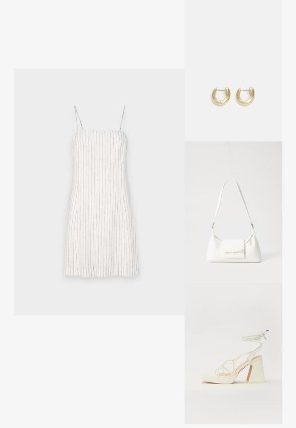 GAP MINI - Dnevna obleka - new off white; Bela sandala na visokih petah s debelim petam, ki ima obliko trakcev in vezanje okoli gležnja. Gladka tekstura z platformo spredaj za dodatno višino.; Bela sintetična torbica v obliki trikotnika, z ravnim sprednjim poklopcem in detajlom mašne, nastavljivim trakom, gladko teksturo in minimalističnim dizajnom.; Zlato-tonirani uhani v obliki obroča z gladko, polirano površino. Imajo obliko polkroga in varno zaponko na peto.