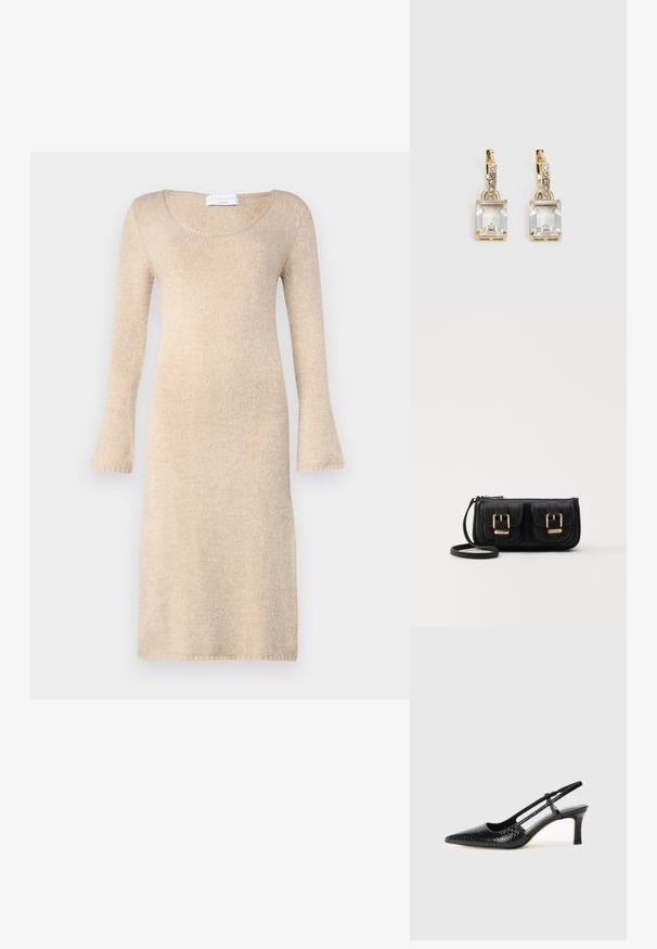 Beige kötött ruha hosszú, bővülő ujjakkal, kerek nyakkivágással és puha tapintással; térd felett ér véget és az élein befejezett.; Fekete lakk slingback sarok, hegyes orral, texturált kígyómintával, állítható pánttal és rövid, texturált tömbsarkal.; Fekete bőr keresztbody táska két elülső zsebbel, arany csattokkal, cipzáras záródással és vékony pánttal. Textúrált felület és kompakt téglalap alak.; Aranyszínű fülbevalók, melyek egy téglalap alakú, tiszta kristállyal díszítették, ami egy sor kis, kerek, tiszta kiegészítő alatt lóg. Letisztult, modern dizájn.