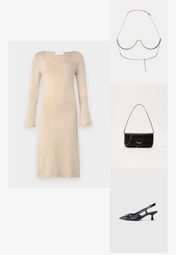 Béžové pletené šaty s dlouhými rozšířenými rukávy, kulatým výstřihem a měkkou texturou; sahají těsně nad koleno s zakončenými okraji.; Černé kožené slingback boty s špičatou špičkou, dekorativními pásky s kovovými očky a nízkým blokovým podpatkem. Texturovaný povrch.; Černá kožená kabelka se stříbrným řetízkovým popruhem, zdobená dekorativními křídly a bílým prošíváním podél spodního švu.; Cult Gaia ASHA BODY JEWELRY - Jiné doplňky - bright shiny silver-coloured