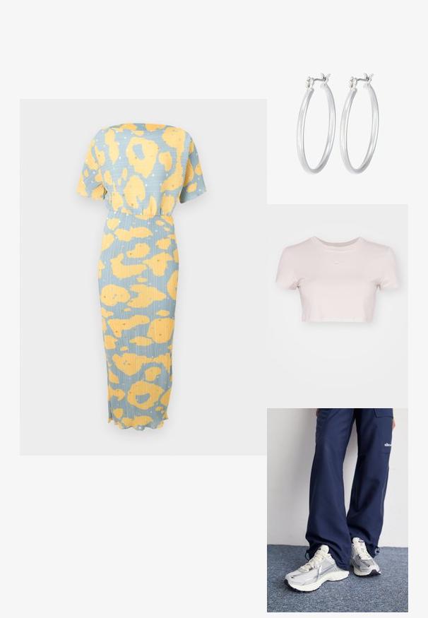 Mėlynos ir geltonos leopardų rašto suknelė su trumpomis rankovėmis, su siaurėjančiu juosmeniu ir midi ilgio skeltuku kraštu. Tekstūruotas audinys.; Šviesiai rožinė trumpa marškinė, pagaminta iš minkštos medžiagos. Turi apvalų kaklą ir trumpas rankoves, su mažu baltu Nike logotipu ant krūtinės.; Nike sportiniai batai su sidabro spalvos tinklu, baltais akcentais ir tekstūruotais pado, derinami su laisvais tamsiai mėlynais kelnais.; Sidabriniai auskarai su sklandžiu, poliruotu paviršiumi. Apvalios formos ir saugus uždarymo mechanizmas. Lengvas dizainas, tinkantis kasdieniam dėvėjimui.