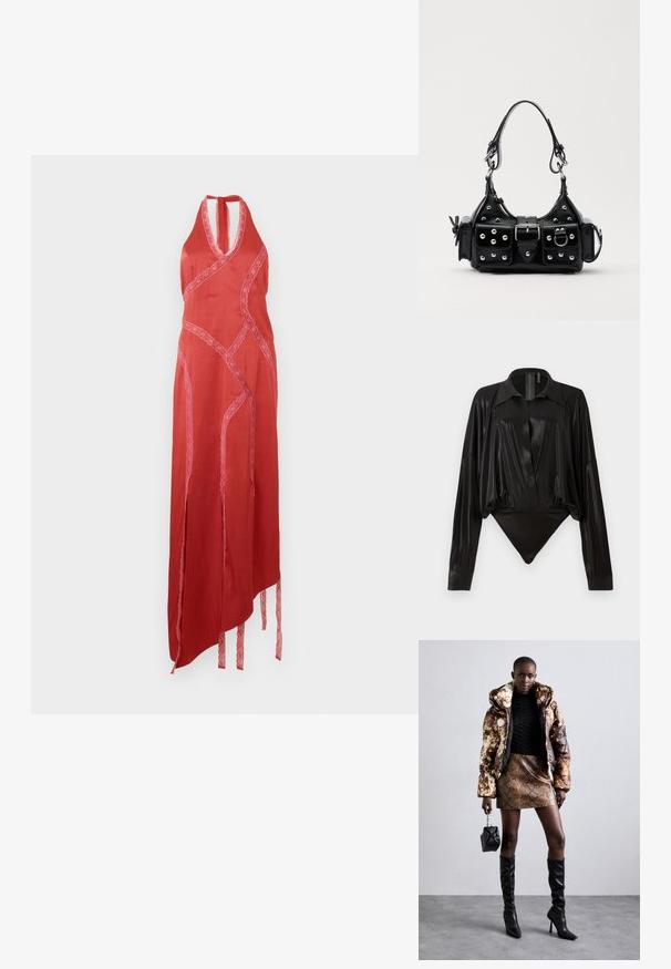 Red halter dress with lace accents and asymmetrical hem. Features slits on the sides and tied details on the bottom edges. Smooth texture.; Black bodysuit with long sleeves, V-neck, and a fitted silhouette. Made of shiny, smooth fabric with a structured collar and cuffs.; Puffer jacket with a brown and black pattern, paired with a brown snake print mini skirt, black knee-high boots, and a small black bag.; Black leather handbag with a curved design, featuring silver studs, a buckle, and two side pockets. Adjustable strap for carrying options.