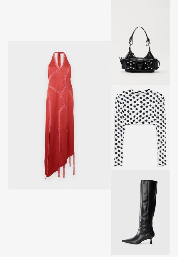Red halter dress with lace accents and asymmetrical hem. Features slits on the sides and tied details on the bottom edges. Smooth texture.; Cropped long-sleeve top in stretchy white fabric featuring a black polka dot design, with a smooth texture and round neckline.; Black leather knee-high boot with a pointed toe and slim curved heel. Smooth texture, fitted design, and no visible hardware or patterns.; Black leather handbag with a curved design, featuring silver studs, a buckle, and two side pockets. Adjustable strap for carrying options.