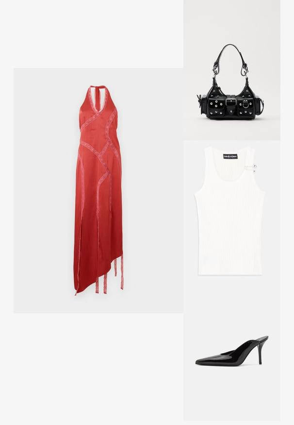 Punane halterneck kleit pitsakentidega ja asümmeetrilise äärisega. Küljel avad ja seotud detailid alumistes servades. Sujuv tekstuur.; Valge ribaga tank top ümmarguse kaelusega ja metallist aksessuaari detailiga õlal. Pehme tekstuur, istuv disain ja ilma varrukateta stiil.; Must musta nahkkängad terava ninaga ja sujuva siluetiga, avatud tagusega ja peene stiletto kontsaga.; Must värvi nahast käekott, millel on kaarjas disain, hõbedased nupukesed, kinnitusahe ja kaks külgtaskut. Reguleeritav rihm erinevate kandmisvõimaluste jaoks.