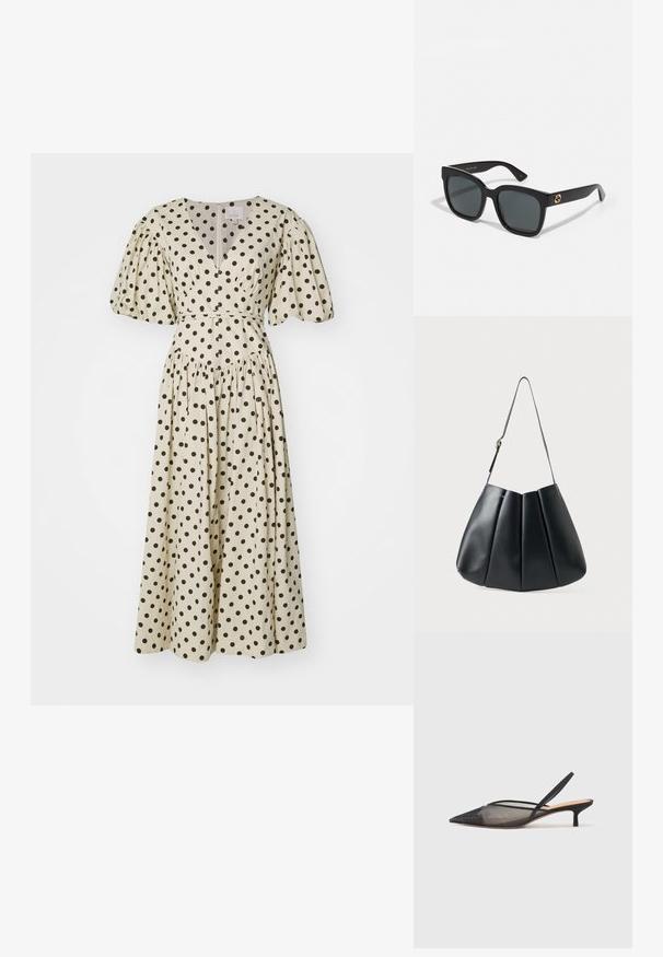 Cinq à Sept POLKA DOT STASSIE DRESS - Nappali ruha - gardenia/black; NEOUS IRENA - Klasszikus sarkú cipők - black; Fekete napszemüveg téglalap alakú lencsékkel, fényes felülettel és arany logóval a szárakon. Sötétszürke lencsék UV-védelmet nyújtanak.; Fekete bőr válltáska redőzött dizájnnal, sima textúrával, egyetlen pánttal és egy diszkrét arany hardver kiemeléssel.
