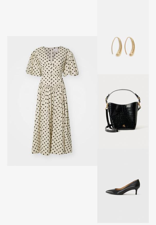 Cinq à Sept POLKA DOT STASSIE DRESS - Dnevna obleka - gardenia/black; Črne usnjene črpalke s koničastim nosom, nizko peto in gladko teksturo. Imajo rahlo odprtino spredaj in minimalno opremo zadaj.; Črna torbica iz usnja z embosiranim krokodiljim vzorcem, ukrivljene oblike, z zlatimi akcenti, nastavljivim trakom in podrobnostjo logotipa spredaj.; Zlato-tonirani kovinski uhani v obliki obroča s krivuljo in podolgovato obliko. Imajo gladko, sijočo površino in zaobljen vrh za dodaten detajl.