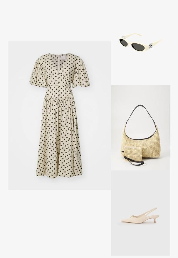 Cinq à Sept POLKA DOT STASSIE DRESS - Denné šaty - gardenia/black; Súkne s pootočeným prstom v off-white koži, s malou mašľou a nízkym kitten podpätkom. Hladká textúra, minimalistický dizajn.; Krémové slnečné okuliare s oválnymi šošovkami, čiernym zafarbením a kovovými logovými akcentmi na spánkoch. Hladká textúra, dizajn v štýle mačacích očí.; Tkaná slamenná kabelka s prehnutým siluetom, vybavená hladkým čiernym koženým popruhom a zodpovedajúcou malou taštičkou pripevnenou pomocou zápästného popruhu.