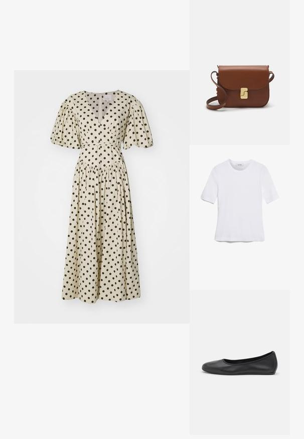 Cinq à Sept POLKA DOT STASSIE DRESS - Vestido informal - gardenia/black; Camiseta de manga corta blanca hecha de tela de canalé. Cuello redondo, corte regular y detalles de costura sutiles. Sin patrones ni gráficos.; Bailarina de piel negra con punta redondeada, textura suave, detalle de costura minimalista y diseño de suela flexible.; Bolso de mano de cuero marrón con cierre de solapa, herrajes en tono dorado, correa para el hombro y una textura suave. Forma rectangular compacta.