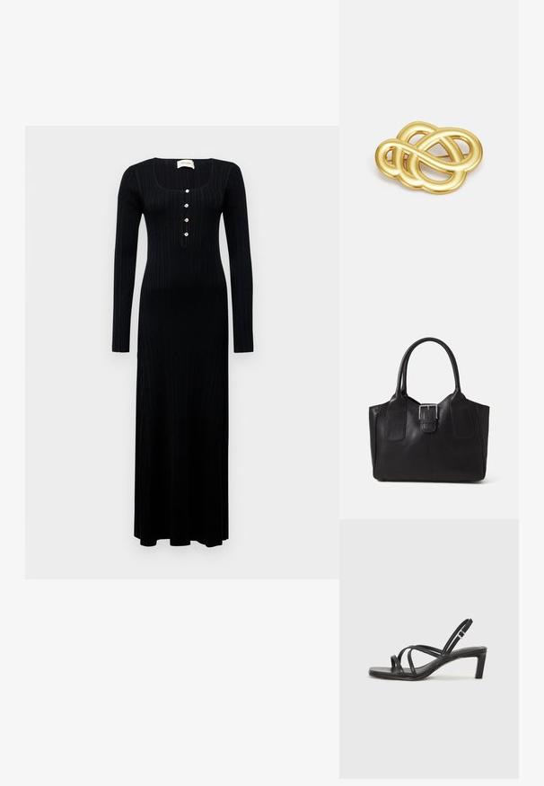 Svart ribbad långärmad maxiklänning med fyrkantig halsringning och fem dekorativa knappar framtill, med en figurnära silhuett och slät textur.; Svart sandaler med remmar och fyrkantig tå samt låg blockklack. Har flera tunna remmar och en justerbar ankelrem. Tillverkad av mjukt läder.; Svart läder tote-väska med slät yta, strukturerad form, två handtag och en framträdande silverfärgad spänne på framsidan.; Guldtonad brosch med en knutformad design med släta, böjda linjer och en intrikat form, vilket ger en polerad yta.