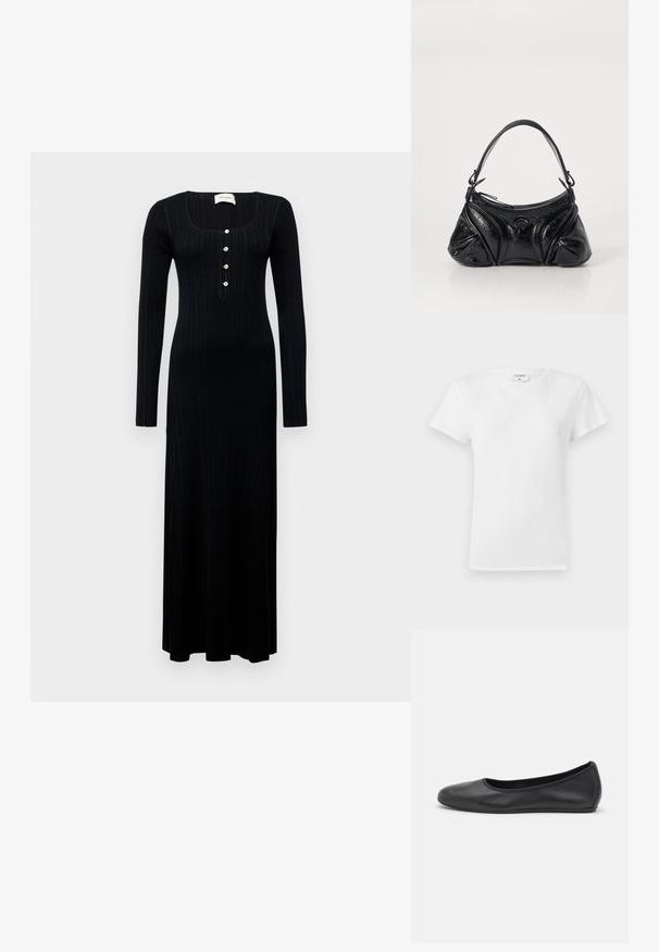 Fekete bordázott, hosszú ujjú maxiruha négyzet alakú nyakkivágással és öt díszgombbal az elején, amely testhez álló szabással és sima textúrával rendelkezik.; Fehér pamut póló kerek nyakkivágással és rövid ujjal, laza fazonban és minimalista dizájnnal. A címke látható a nyakán.; Fekete bőr balettcipő lekerekített orral, sima tekstúrával, minimális varrással és rugalmas talp kialakítással.; Fekete, textúrált bőrből készült kézitáska, kerekded formával. Vékony vállpánttal és díszes embosszas mintákkal rendelkezik.