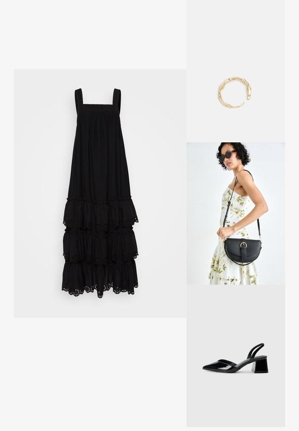 Črna brezrokavna obleka z kvadratnim izrezom, večstopenjske volančke in očesnimi detajli na spodnjem robu. Mehka tekstura tkanine.; Črne lakirane slingback pete s koničastim nosom in geometrijsko blokasto peto. Imajo eleganten, minimalističen dizajn in gladko teksturo.; Črna usnjena torbica s ukrivljeno obliko, z odstranljivo naramnico in zlatimi dodatki. Torbica ima pokrov s podrobnostmi v obliki zaponke.; Zlati prstan s organskim, zvitim dizajnom, gladko površino in taperiranimi konci, ki ustvarja modernega, skulpturalnega videza.